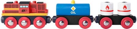 Woody houten locomotief met 2 goederenwagons