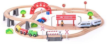 Woody toys houten treinbaan 60-delig met elektrische locomotief