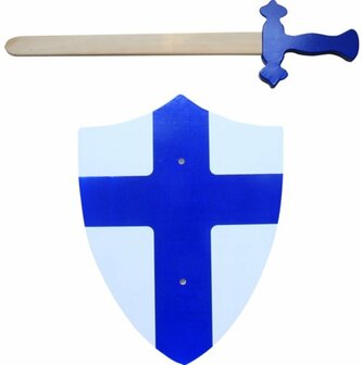 Houten zwaard met schild rood of blauw